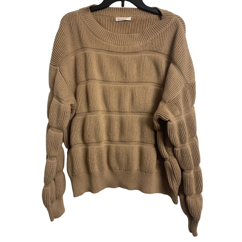 KIRUNDO  XL Tan Ribbed Tiered Puff Sleeve Crewneck Sweater Pullover